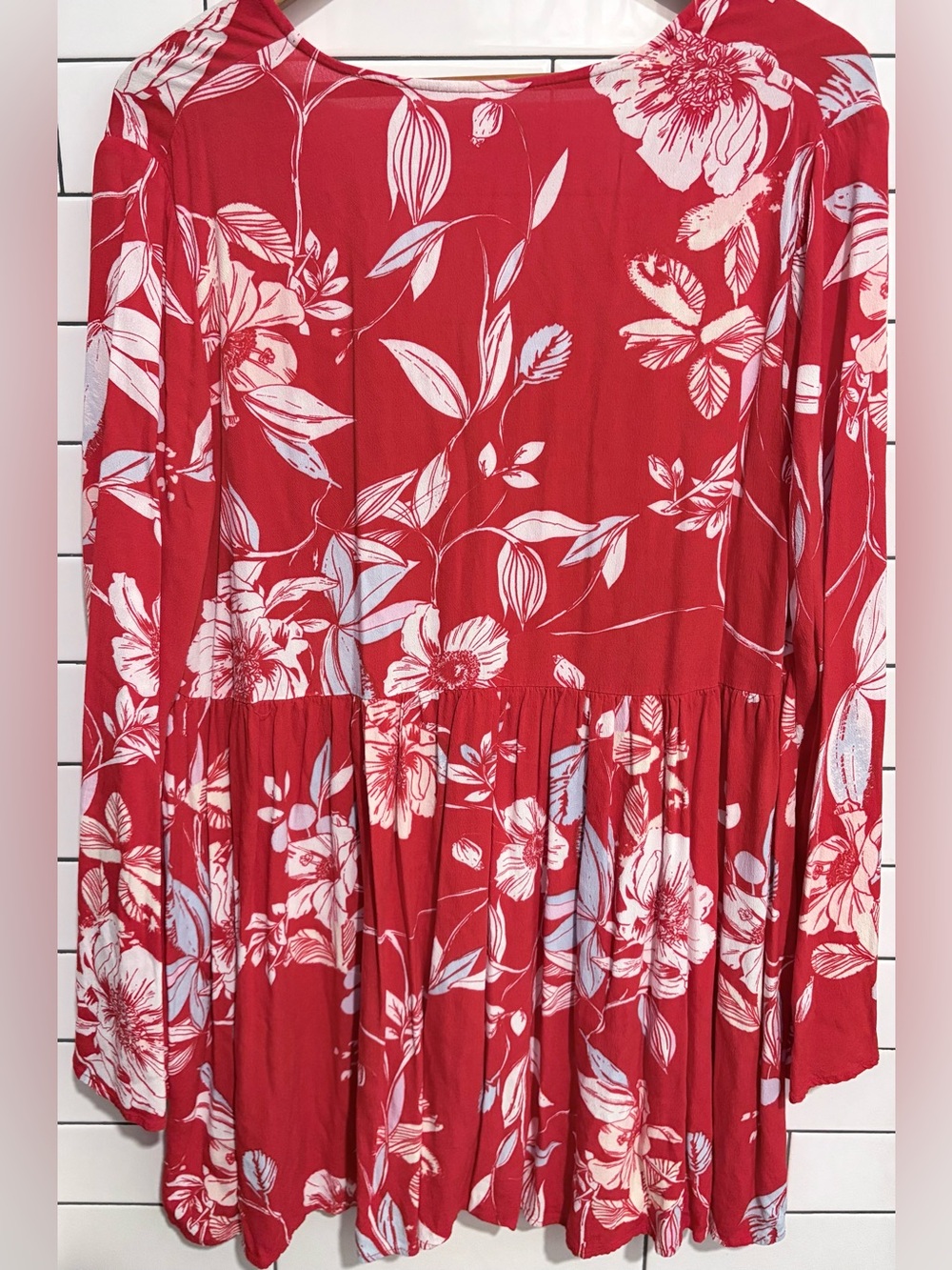 Free People Floral Top/ Mini Dress Red with White Print L - Picture 5 of 8